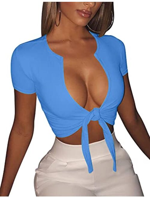 BORIFLORS Women's Sexy Tie Up Crop Top Short Sleeve Deep V Neck Casual Basic T Shirt