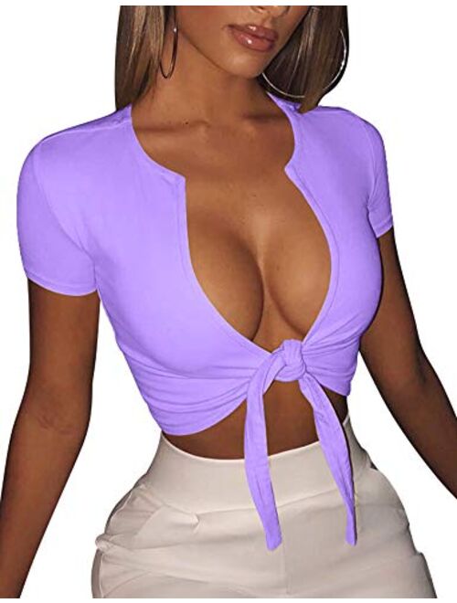 BORIFLORS Women's Sexy Tie Up Crop Top Short Sleeve Deep V Neck Casual Basic T Shirt