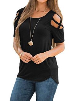 Sarin Mathews Womens Strappy Cold Shoulder Tops Casual Tees Loose Basic T Shirts