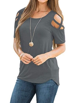 Sarin Mathews Womens Strappy Cold Shoulder Tops Casual Tees Loose Basic T Shirts