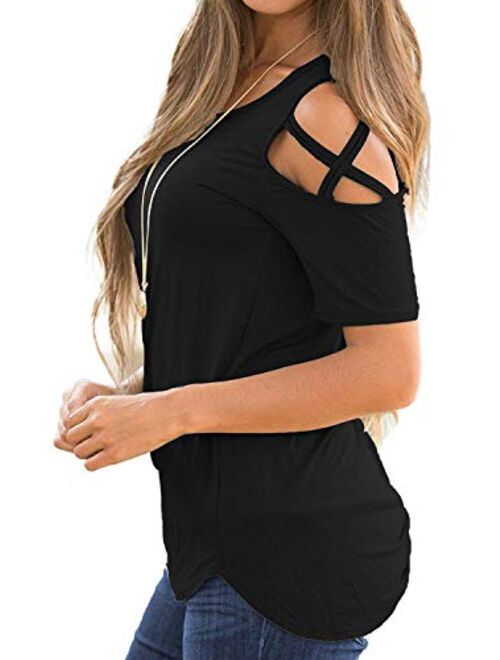 Sarin Mathews Womens Strappy Cold Shoulder Tops Casual Tees Loose Basic T Shirts