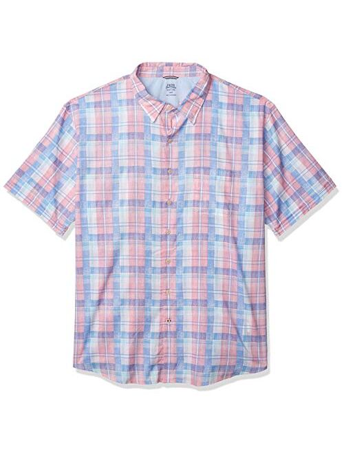 IZOD Men's Big and Tall Saltwater Dockside Chambray Short Sleeve Button Down Plaid Shirt