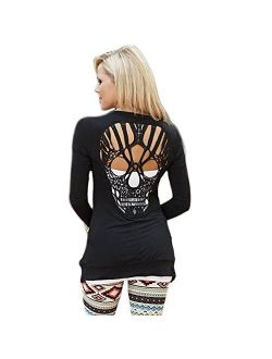 WLLW Womens Long Sleeve Open Front Back Cut Out Skull Cardigan Tops