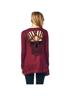 WLLW Womens Long Sleeve Open Front Back Cut Out Skull Cardigan Tops