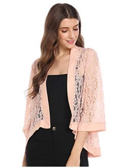 Zeagoo Women's Casual Lace Crochet Cardigan 3 4 Sleeve Sheer Cover Up Jacket Plus Size