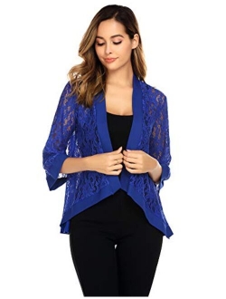 Zeagoo Women's Casual Lace Crochet Cardigan 3 4 Sleeve Sheer Cover Up Jacket Plus Size