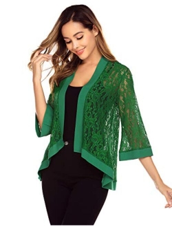 Zeagoo Women's Casual Lace Crochet Cardigan 3 4 Sleeve Sheer Cover Up Jacket Plus Size