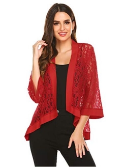 Zeagoo Women's Casual Lace Crochet Cardigan 3 4 Sleeve Sheer Cover Up Jacket Plus Size