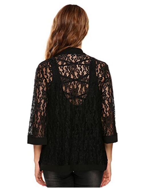 Zeagoo Women's Casual Lace Crochet Cardigan 3 4 Sleeve Sheer Cover Up Jacket Plus Size