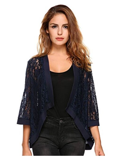 Zeagoo Women's Casual Lace Crochet Cardigan 3 4 Sleeve Sheer Cover Up Jacket Plus Size