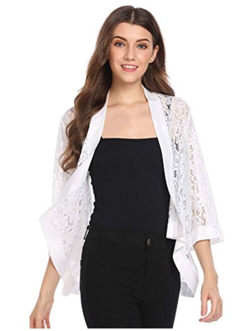 Zeagoo Women's Casual Lace Crochet Cardigan 3 4 Sleeve Sheer Cover Up Jacket Plus Size