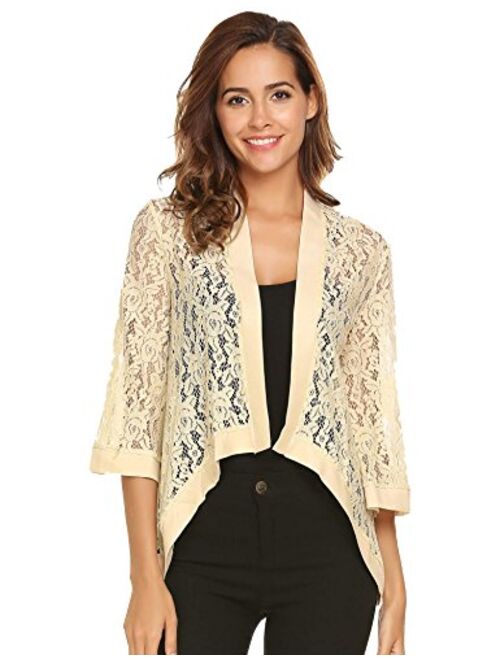 Zeagoo Women's Casual Lace Crochet Cardigan 3 4 Sleeve Sheer Cover Up Jacket Plus Size