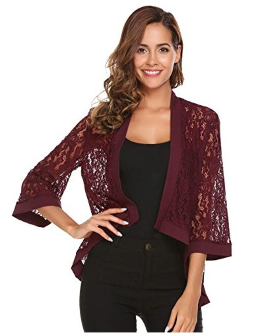 Zeagoo Women's Casual Lace Crochet Cardigan 3 4 Sleeve Sheer Cover Up Jacket Plus Size