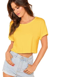 Women's Casual Round Neck Short Sleeve Soild Basic Crop Top T-Shirt