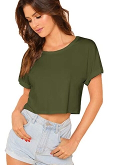 Women's Casual Round Neck Short Sleeve Soild Basic Crop Top T-Shirt