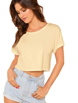 Women's Casual Round Neck Short Sleeve Soild Basic Crop Top T-Shirt