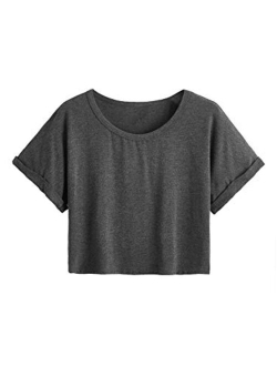 Women's Casual Round Neck Short Sleeve Soild Basic Crop Top T-Shirt