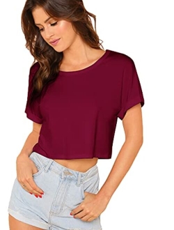 Women's Casual Round Neck Short Sleeve Soild Basic Crop Top T-Shirt