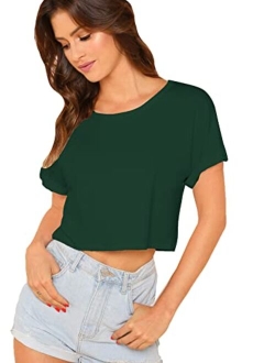 Women's Casual Round Neck Short Sleeve Soild Basic Crop Top T-Shirt