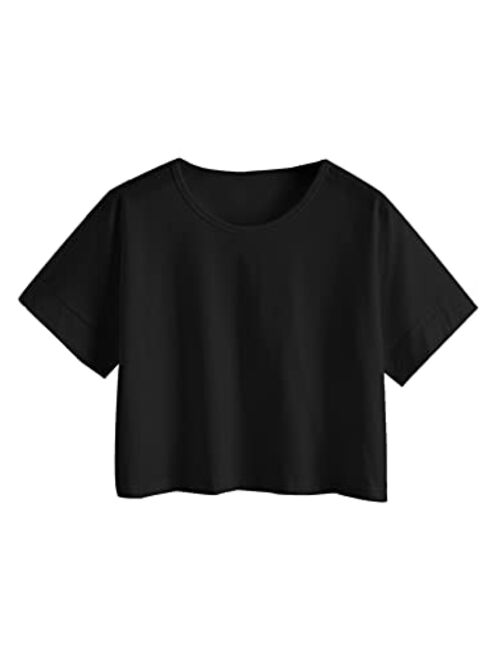 SweatyRocks Women's Casual Round Neck Short Sleeve Soild Basic Crop Top T-Shirt