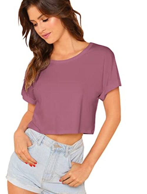 SweatyRocks Women's Casual Round Neck Short Sleeve Soild Basic Crop Top T-Shirt