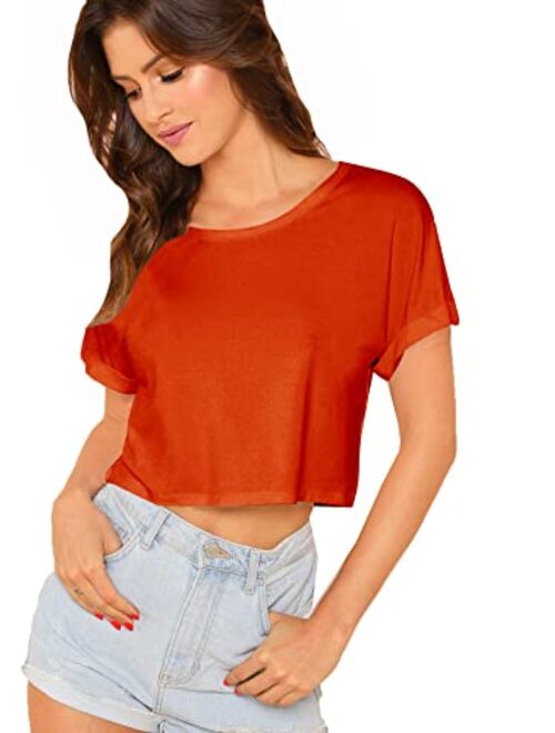 SweatyRocks Women's Casual Round Neck Short Sleeve Soild Basic Crop Top T-Shirt