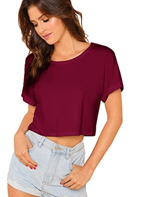 SweatyRocks Women's Casual Round Neck Short Sleeve Soild Basic Crop Top T-Shirt