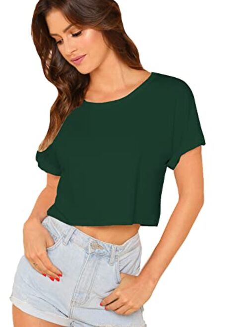 SweatyRocks Women's Casual Round Neck Short Sleeve Soild Basic Crop Top T-Shirt