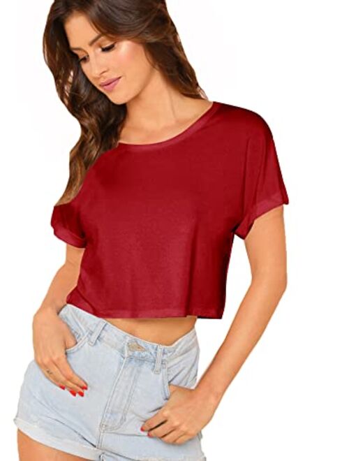 SweatyRocks Women's Casual Round Neck Short Sleeve Soild Basic Crop Top T-Shirt