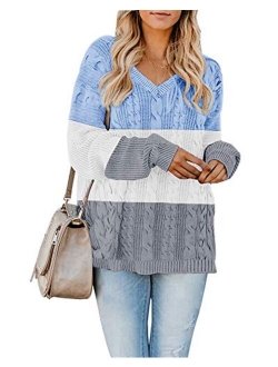 Womens Pullover Sweaters Plus Size Cable Knit V Neck Lace Up Long Sleeve Fall Jumper Tops