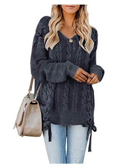 Womens Pullover Sweaters Plus Size Cable Knit V Neck Lace Up Long Sleeve Fall Jumper Tops