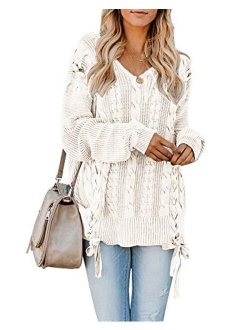 Womens Pullover Sweaters Plus Size Cable Knit V Neck Lace Up Long Sleeve Fall Jumper Tops