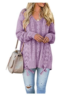 Womens Pullover Sweaters Plus Size Cable Knit V Neck Lace Up Long Sleeve Fall Jumper Tops