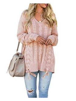 Womens Pullover Sweaters Plus Size Cable Knit V Neck Lace Up Long Sleeve Fall Jumper Tops