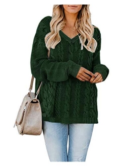 Womens Pullover Sweaters Plus Size Cable Knit V Neck Lace Up Long Sleeve Fall Jumper Tops