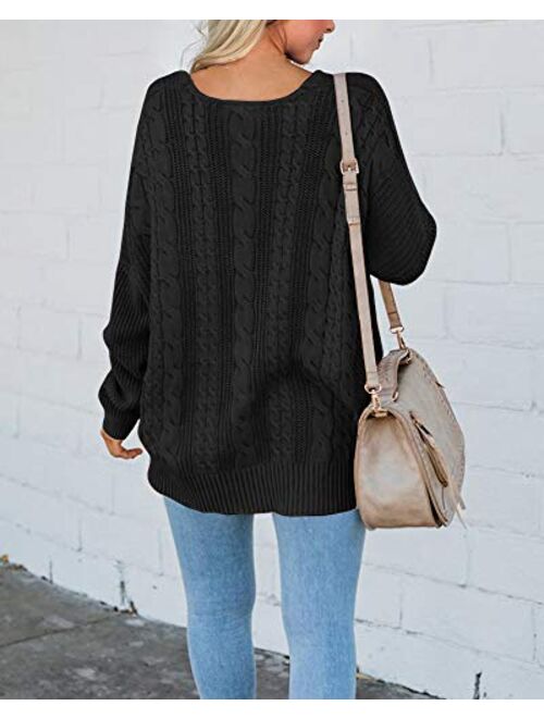 Womens Pullover Sweaters Plus Size Cable Knit V Neck Lace Up Long Sleeve Fall Jumper Tops