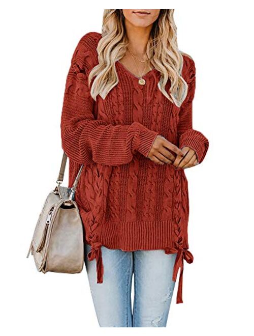 Womens Pullover Sweaters Plus Size Cable Knit V Neck Lace Up Long Sleeve Fall Jumper Tops