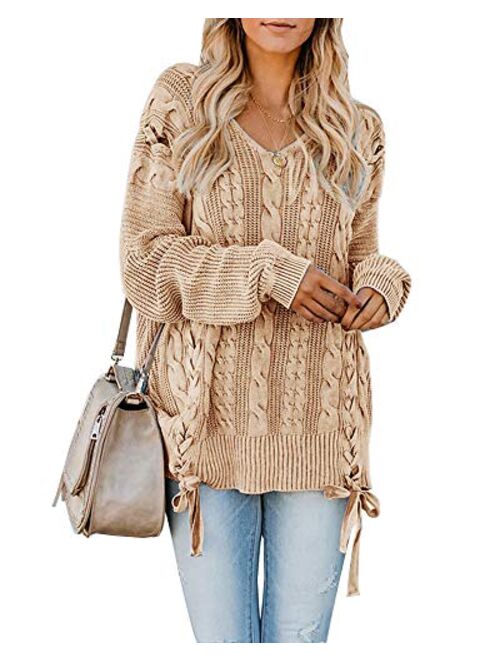 Womens Pullover Sweaters Plus Size Cable Knit V Neck Lace Up Long Sleeve Fall Jumper Tops