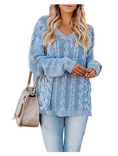 Womens Pullover Sweaters Plus Size Cable Knit V Neck Lace Up Long Sleeve Fall Jumper Tops