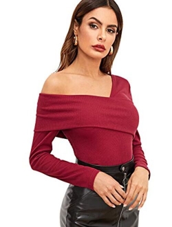 Women's Casual Cross Off Shoulder Deep V Neck Ribbed Knit Slim Wrap Tee Shirt Blouse