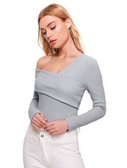 Women's Casual Cross Off Shoulder Deep V Neck Ribbed Knit Slim Wrap Tee Shirt Blouse