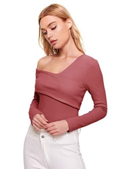 Women's Casual Cross Off Shoulder Deep V Neck Ribbed Knit Slim Wrap Tee Shirt Blouse