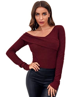 Women's Casual Cross Off Shoulder Deep V Neck Ribbed Knit Slim Wrap Tee Shirt Blouse