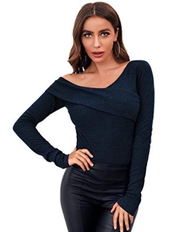 Women's Casual Cross Off Shoulder Deep V Neck Ribbed Knit Slim Wrap Tee Shirt Blouse