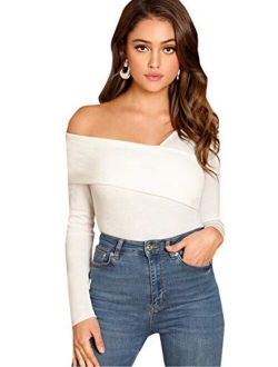 Women's Casual Cross Off Shoulder Deep V Neck Ribbed Knit Slim Wrap Tee Shirt Blouse