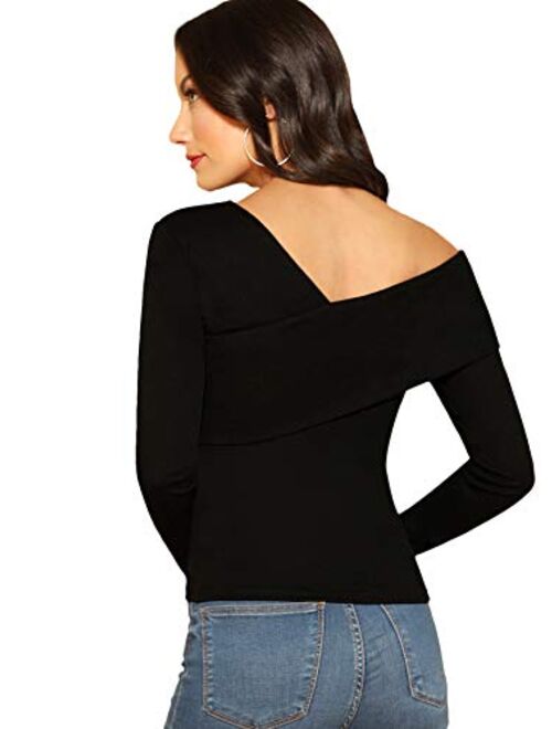 Romwe Women's Casual Cross Off Shoulder Deep V Neck Ribbed Knit Slim Wrap Tee Shirt Blouse