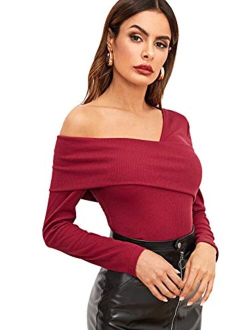 Romwe Women's Casual Cross Off Shoulder Deep V Neck Ribbed Knit Slim Wrap Tee Shirt Blouse