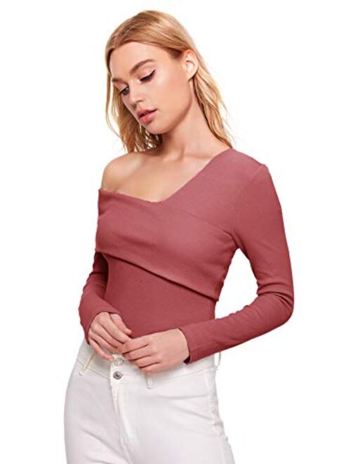 Romwe Women's Casual Cross Off Shoulder Deep V Neck Ribbed Knit Slim Wrap Tee Shirt Blouse