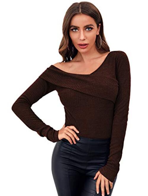 Romwe Women's Casual Cross Off Shoulder Deep V Neck Ribbed Knit Slim Wrap Tee Shirt Blouse