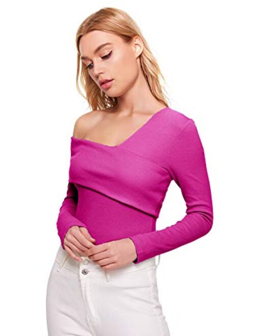 Romwe Women's Casual Cross Off Shoulder Deep V Neck Ribbed Knit Slim Wrap Tee Shirt Blouse